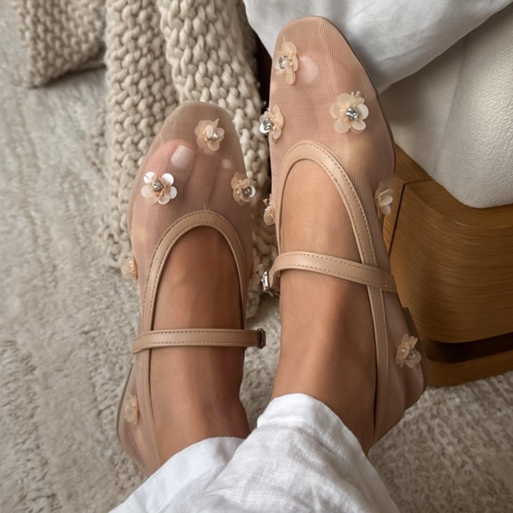 Mesh 3D flower appliqué embellished beaded ballet flats cream nude color - Picture 2 of 6
